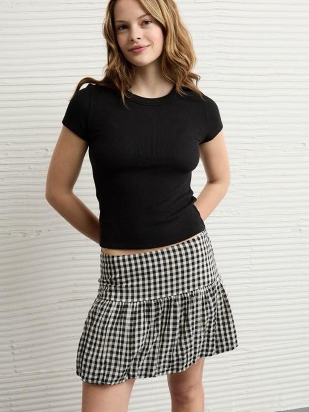 American Eagle Outfitters Black & White Gingham Tiered Mini Skirt